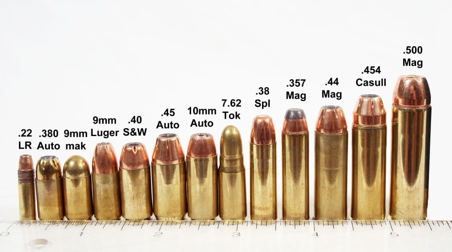 Handgun Calibers - 22 Long Rifle, 380 Auto, 9mm MAK, 9mm Luger, 40 S&W, 45 ACP, 10mm, 762 Tok, 38 Spl, 357 Magnum, 44 Magnum, 454 Casull, 500 Magnum